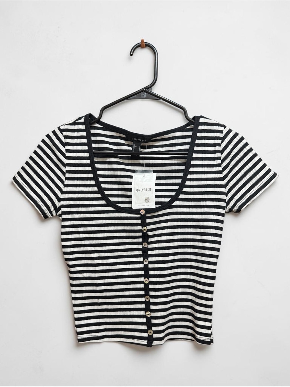 Forever 21 Black and White Striped Scoop Neck Button-Front Top